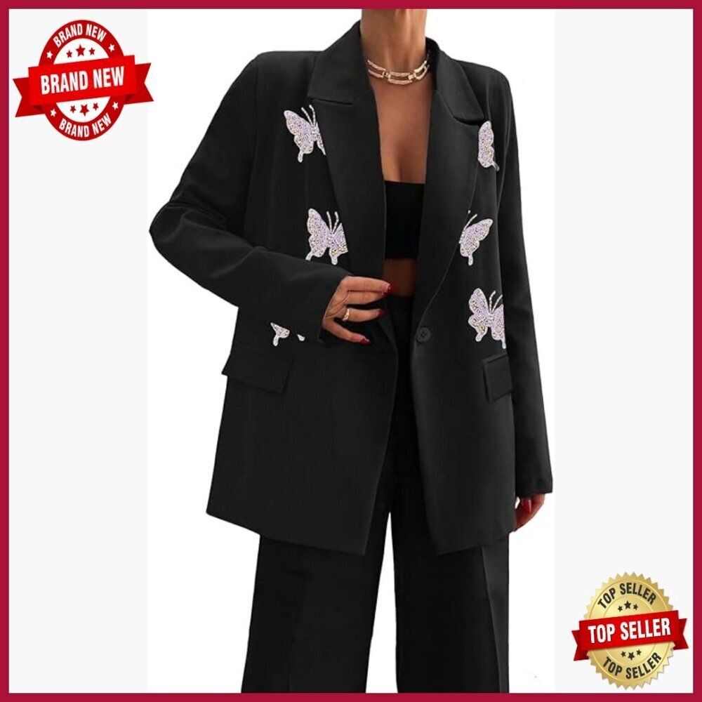 Long Sleeve Blazer with 3D Butterfly Beads Lapel Pockets Work Office Jacket